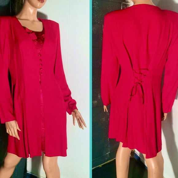 Vtg 80s DAWN JOY Red Mock 2 Pc Lace Up Back Knee Length Tunic Dress~ 7/8 - Picture 4 of 7